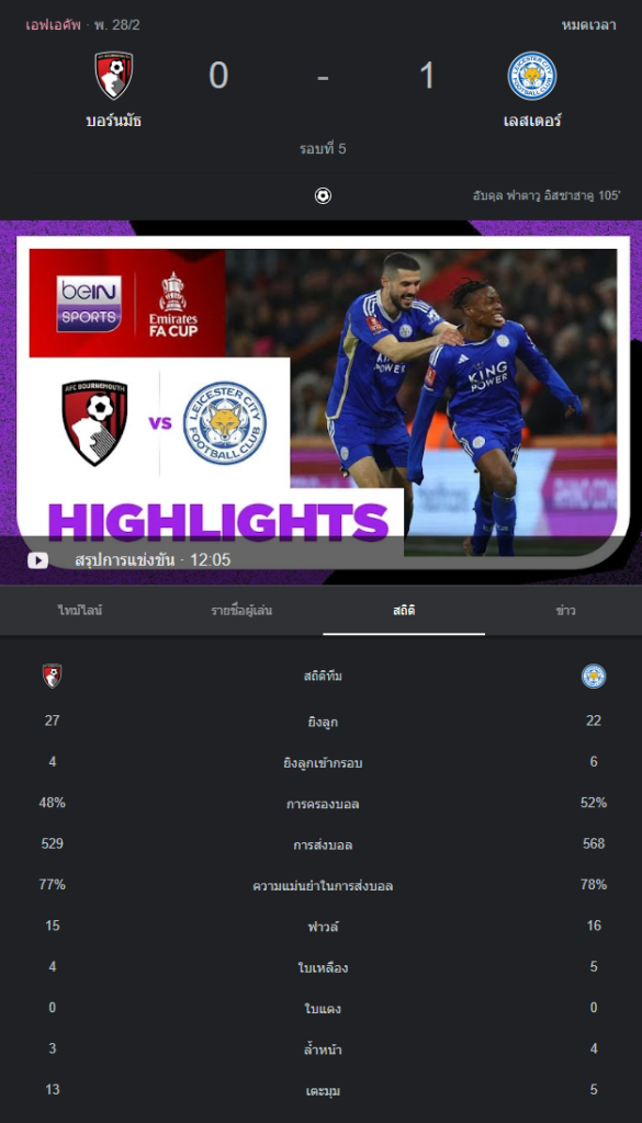 บอร์นมัธ 0-1 เลสเตอร์ ซิตี้