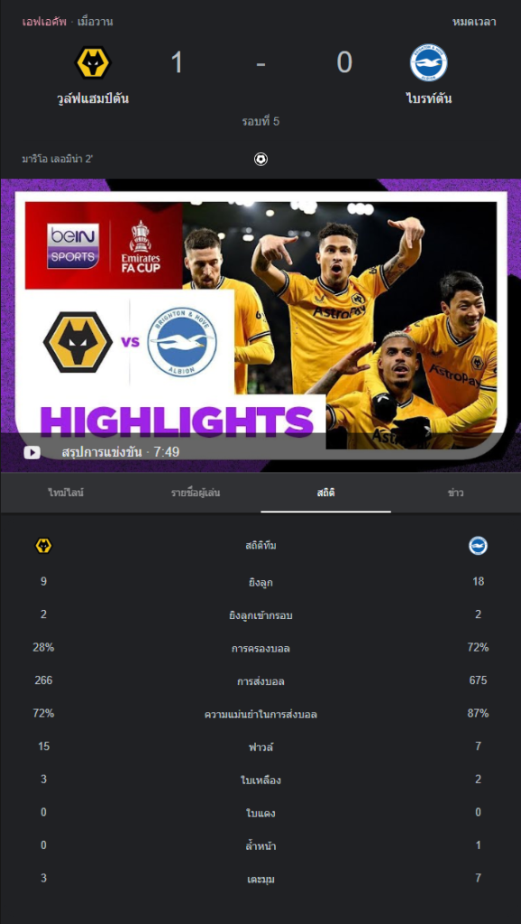 วูล์ฟแฮมป์ตัน 1-0 ไบรท์ตัน