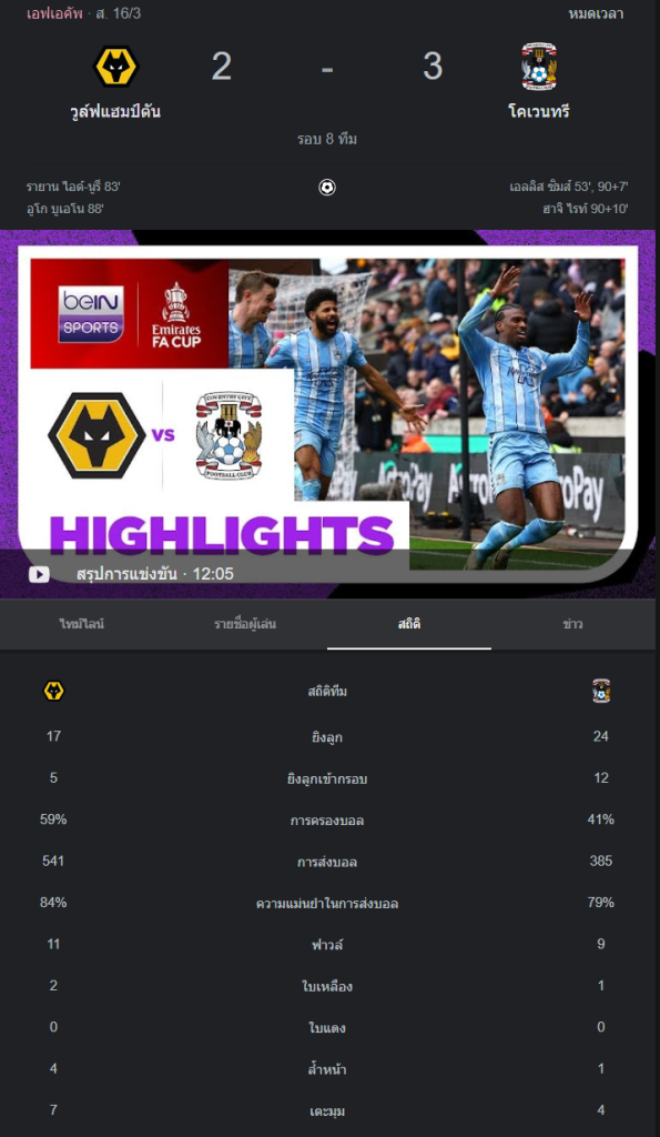 วูล์ฟแฮมป์ตัน 2-3 โคเวนทรี ซิตี้